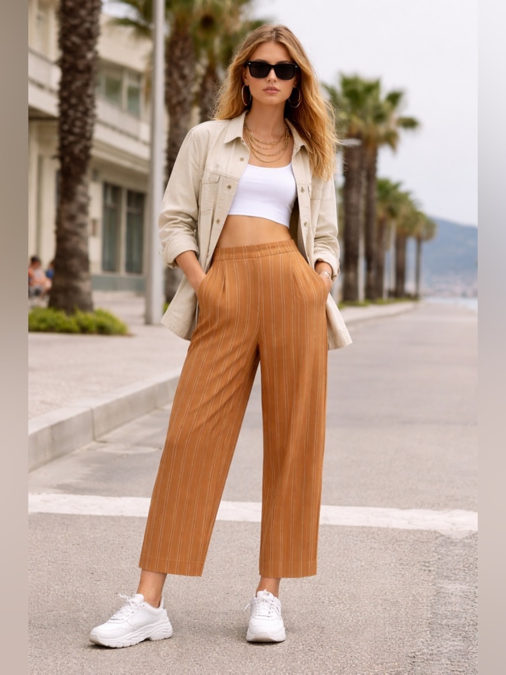 New! Bimba Y Lola Stripe Linen Baggy Trouser Pants 🧡 Medium or sz 40 - Picture 2 of 13